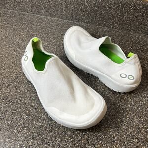 OOFOS White Slip-On Sneakers with Lime Green Interior